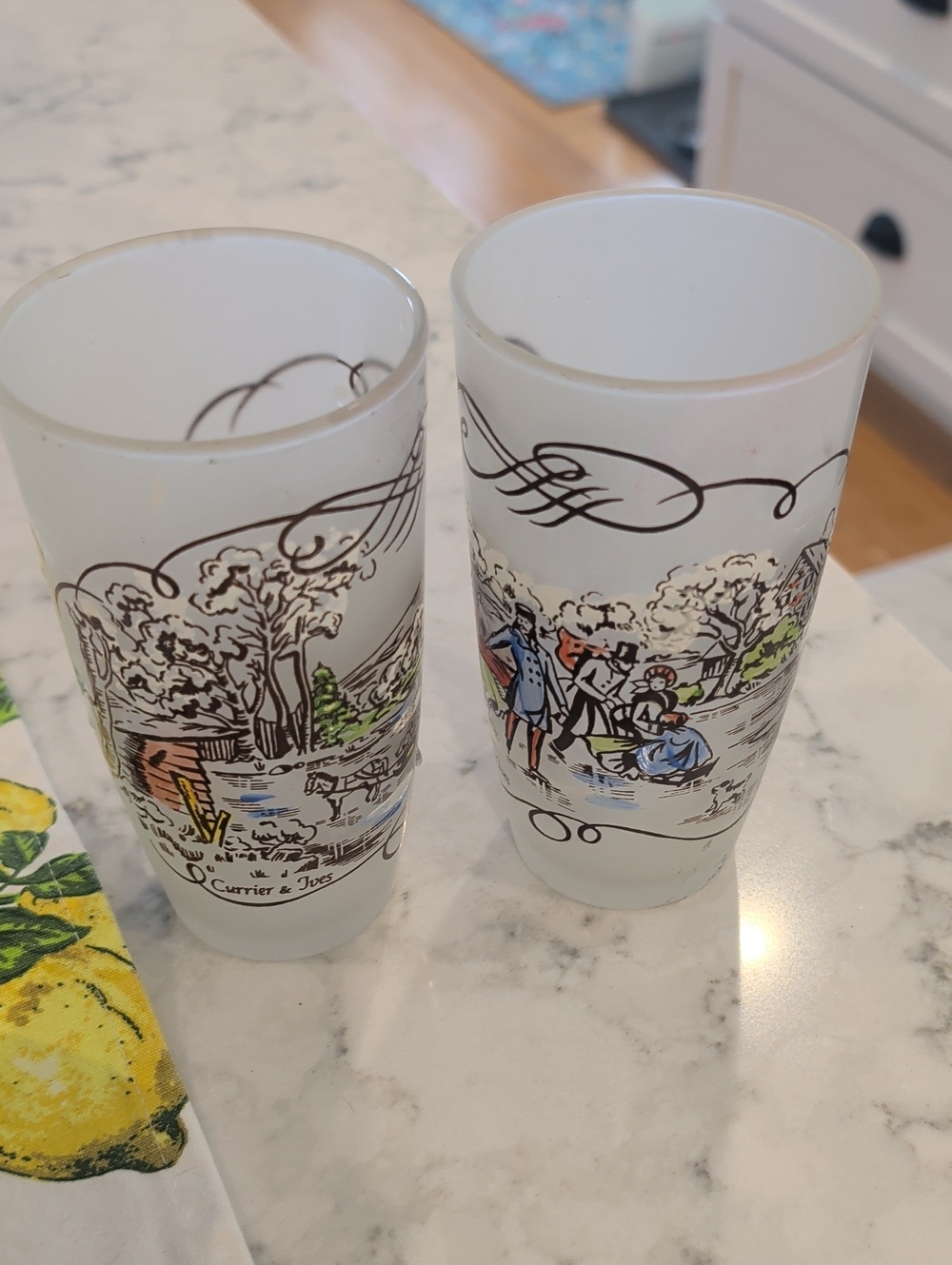 currier And Ives Vintage Frosted Glass Tumbler Pair with Pastoral Scene